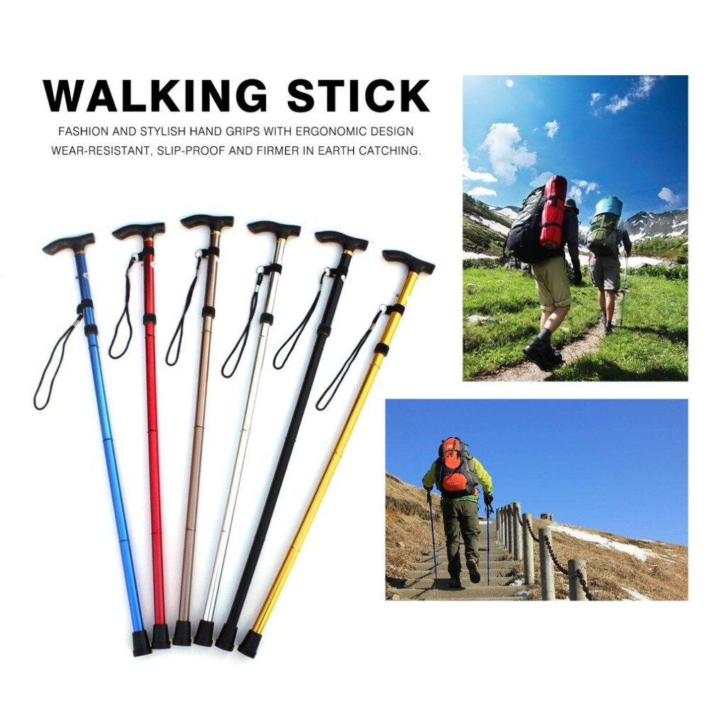 Aluminum Metal Four Sections Walking Stick Easy Adjustable Foldable Collapsible Travel Cane Camping Trekking Stick