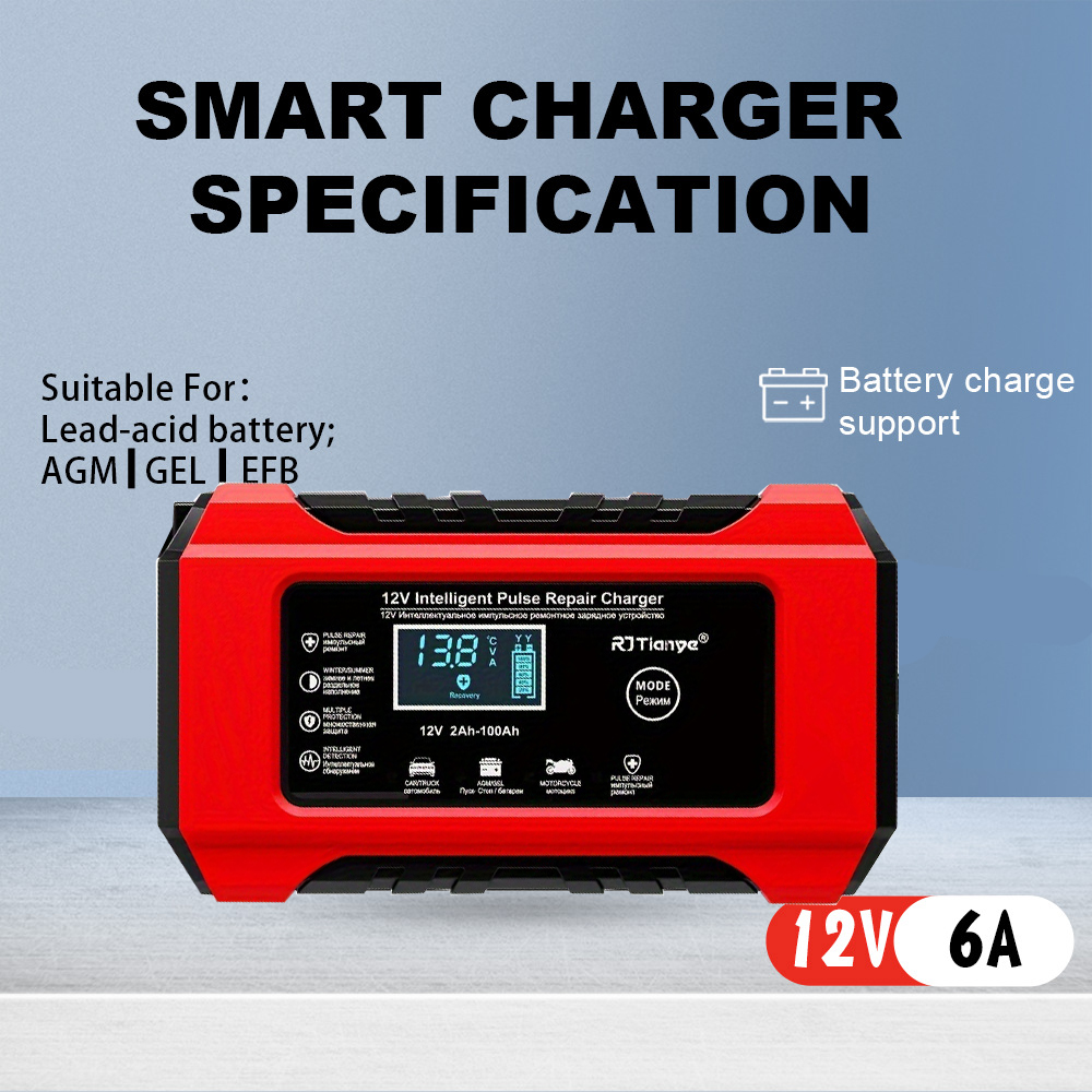 12V 6A Intelligentes Impuls-Reparatur-Batterieladegerät mit LCD-Display für Auto, Motorrad, SUV