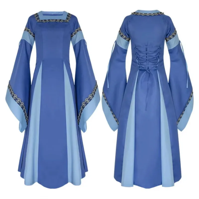 Robe de longitud inferior retro à manches trompent pour femmes, bata medieval renacentista, garniture en dentelle, bata irlandia