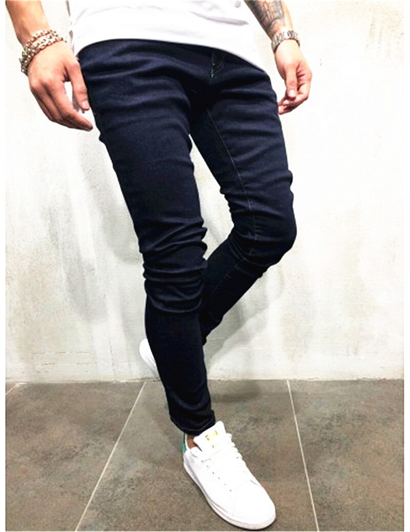 'herrejeans ensfarvede afslappede små fødder hip hop mænds vaskede denimbukser ripped jeans solide blyantbukser