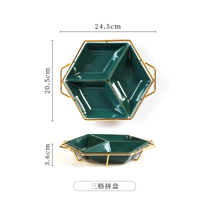 European-style Iron Art Ceramic Platter Diamond-shaped Fruit Plate Divided Cake Snack Nut Plates: 3grids green