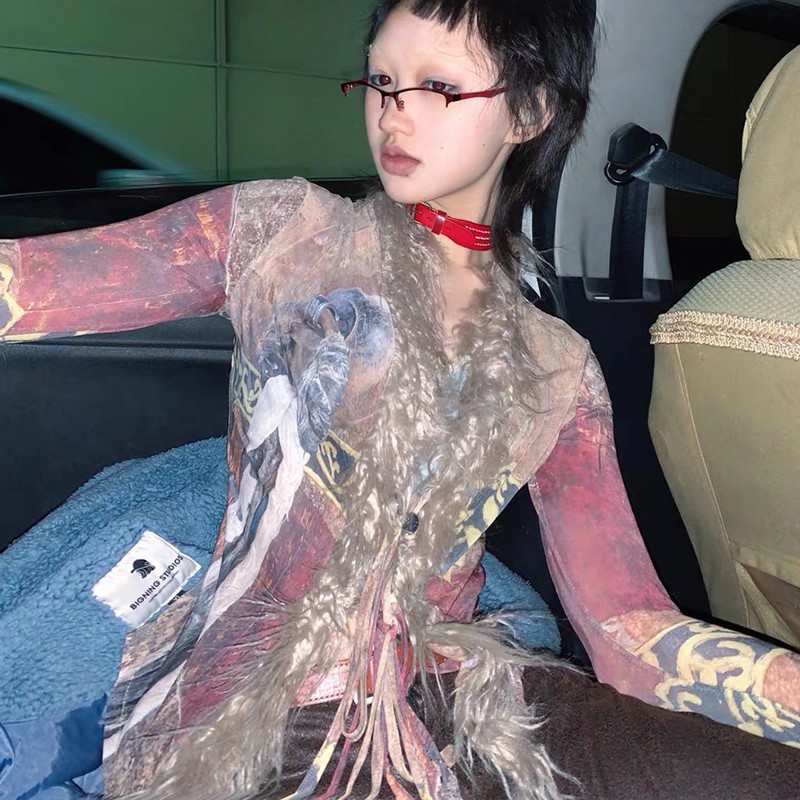 Karrram-camisa con borlas Grunge Y2k, Tops de malla estética, blusas japonesas Harajuku, Camisa de algodón con estampado Irregular Vintage de los años 2000