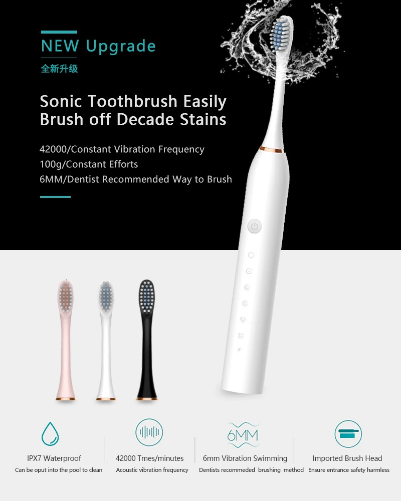 Elektrische Sonic-Zahnbürste für Erwachsene, Ultraschall, automatisch, USB wiederaufladbar, IPX7 wasserdichte Zahnbürste, austauschbarer Zahnbürstenkopf