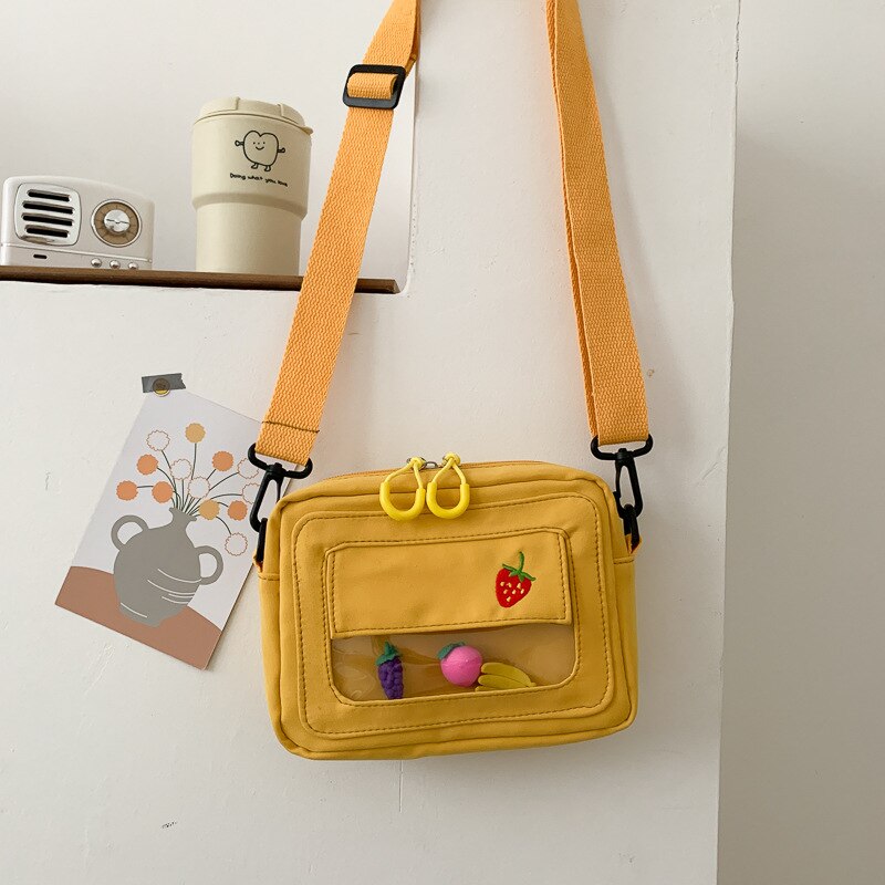 Bolsas de lona feminina 2020 novo estilo coreano frutas bordadas sacos do mensageiro claro estudantes sacos ombro crossbody sacos: YELLOW