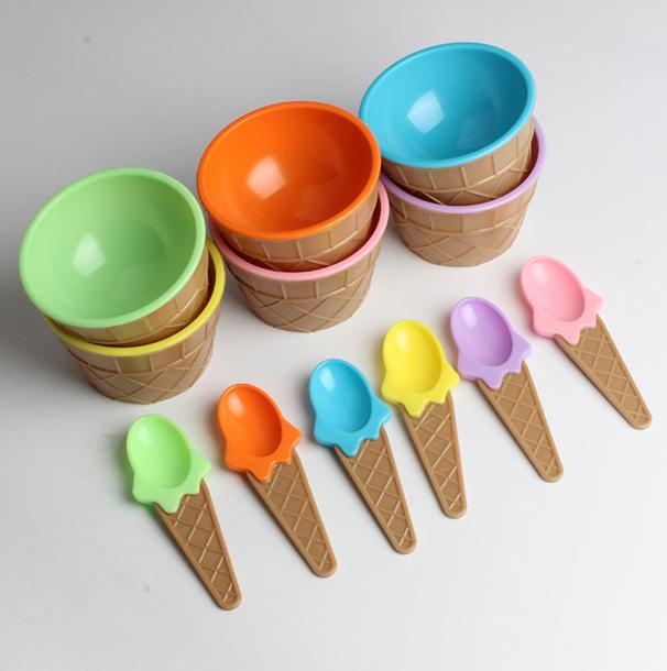 Kids Plastic Ice Cream Bowls Spoons Set Ice Cream Cup Couples Bowl Dessert Tools Kitchen Accessories