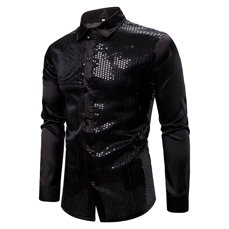 Chemise à manches longues pour hommes en soie dorée, en paillettes, robe Disco brillante, pour les soirées en boîte de nuit, bal Hip Hop, Streetwear, modèle chemises décontractées