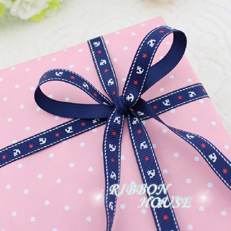 (25 Meter/stuk) 3/8 ''(10Mm) gedrukt Grosgrain Lint Off Wit Anker Serie Linten Decoratie Linten