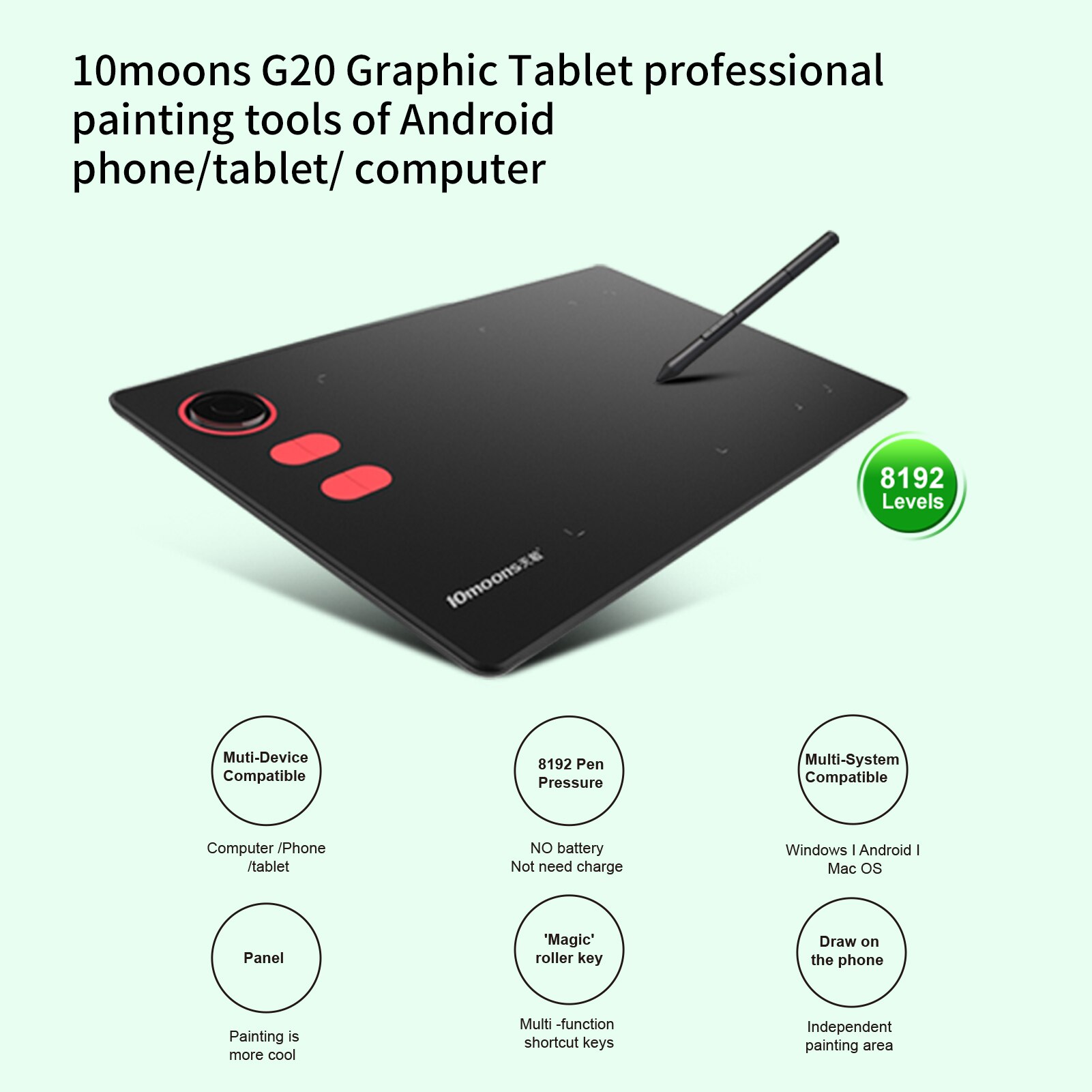 10moons G20 Graphics Drawing Tablet Ultralight Digital Sketch Battery-free Stylus 8192 Levels Pressure 12 Keys PC Android OTG