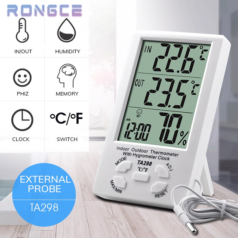Digital LCD Indoor Outdoor Thermometer Hygrometer C/F Home Temperature Humidity Meter Clock External Probe Sensor Cable