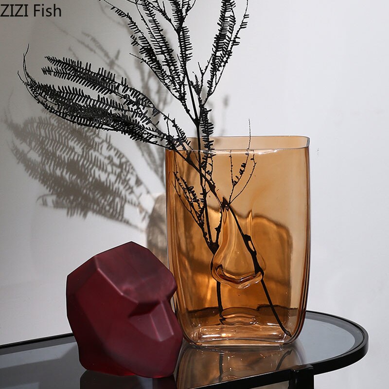 Abstracte vazen voor bloemen in menselijk gezicht, kantoordecoratie, glazen vaas met gradiënt, transparant hydrocultuur bloemeninzetstuk voor thuisdecoratie.