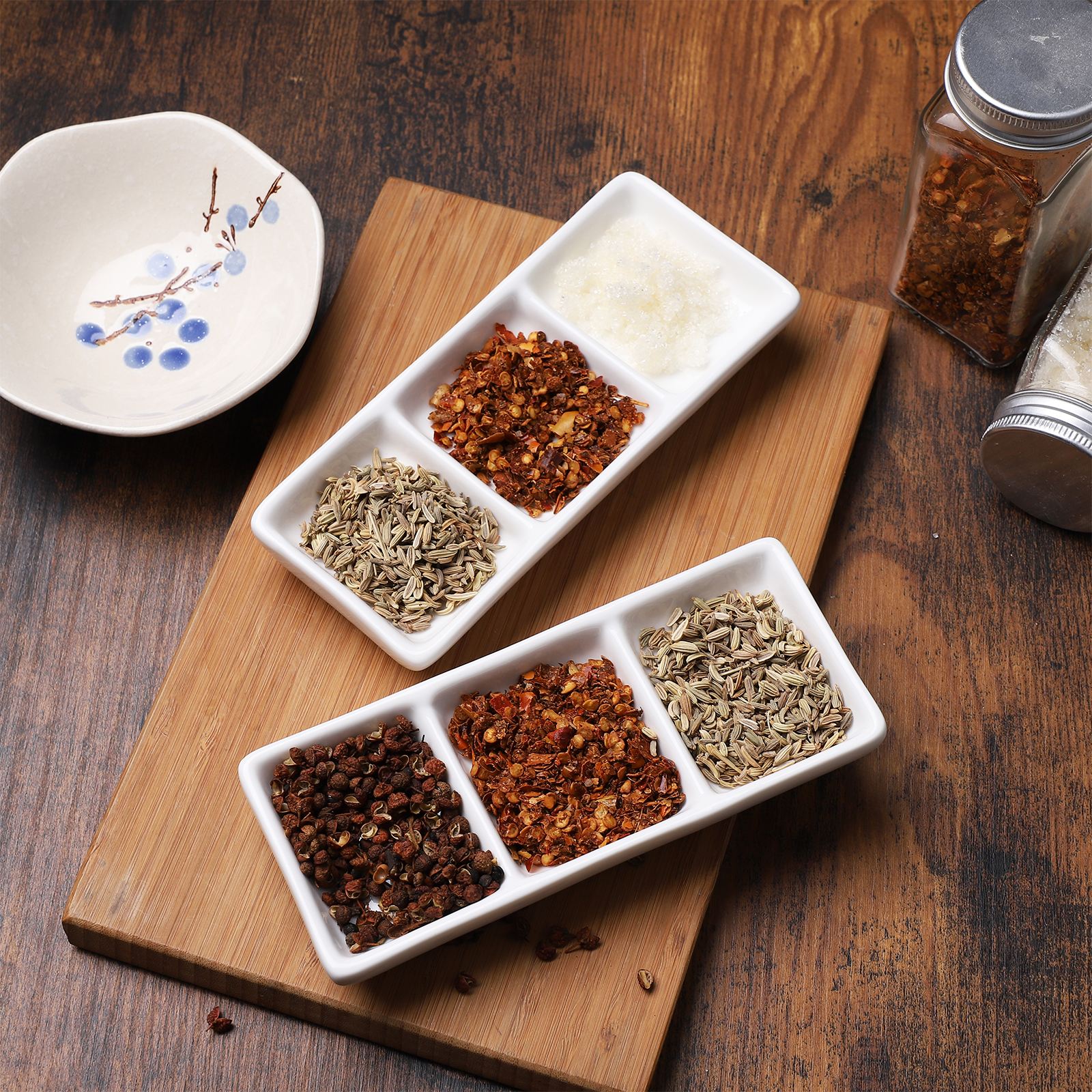 2pcs Ceramic 3-Compartment Appetizer Serving Tray Rectangular Divided Sauce Dishes for Spice Dish Soy Sauce