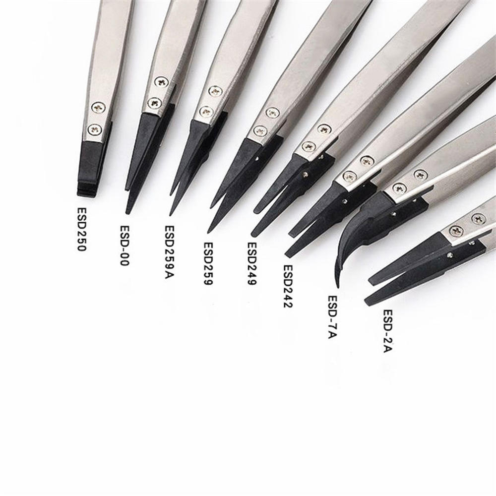 1pcs ESD Anti-Static Tweezers With Replaceable Tips Full Stainless Steel Body Carbon Fiber Conductive Plastic