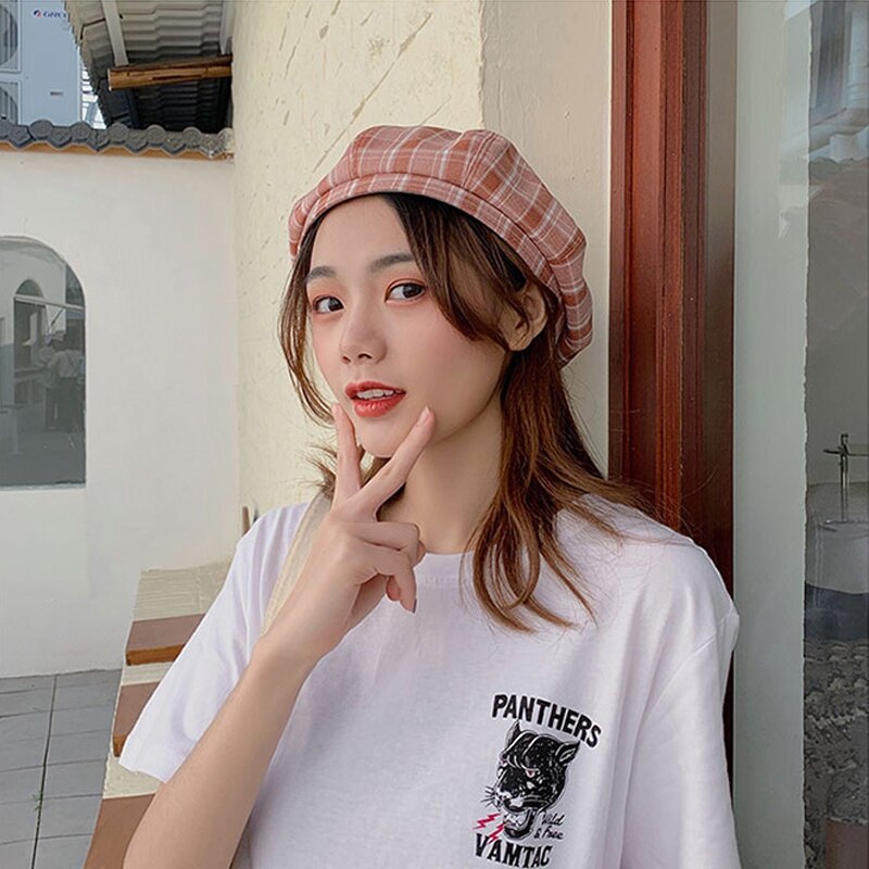 Foux baret plaid kvinder sommer sød nyhedsdreng hat maler koreansk stil fransk hårspænde damer kvindelig justerbar reb