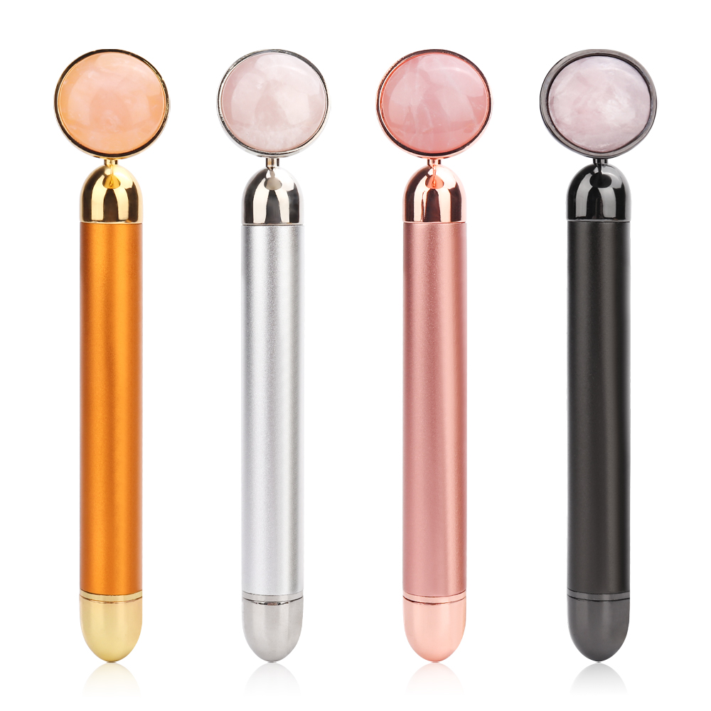 Goud Schoonheid Bar Trillingen Facial Roller Elektrische Stimulator Met Jade Hoofd Anti-Rimpel Huidverstrakking Rose Quartz Gezicht Massage