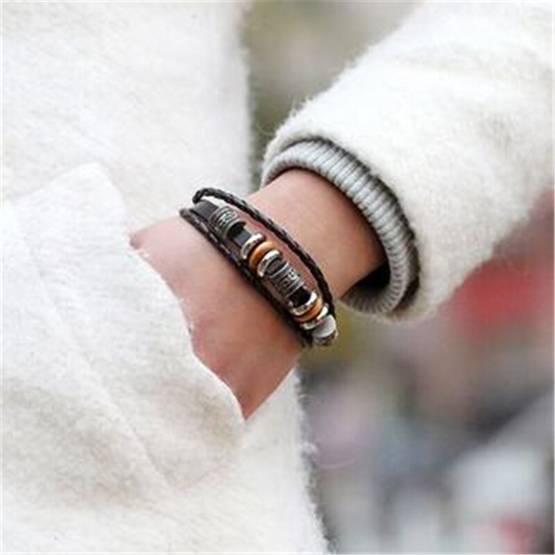 Lucky Vintage Men's Leather Bracelet Wood Beads Charm Multilayer Braided Bracelets Bangles Women Pulseira Masculina