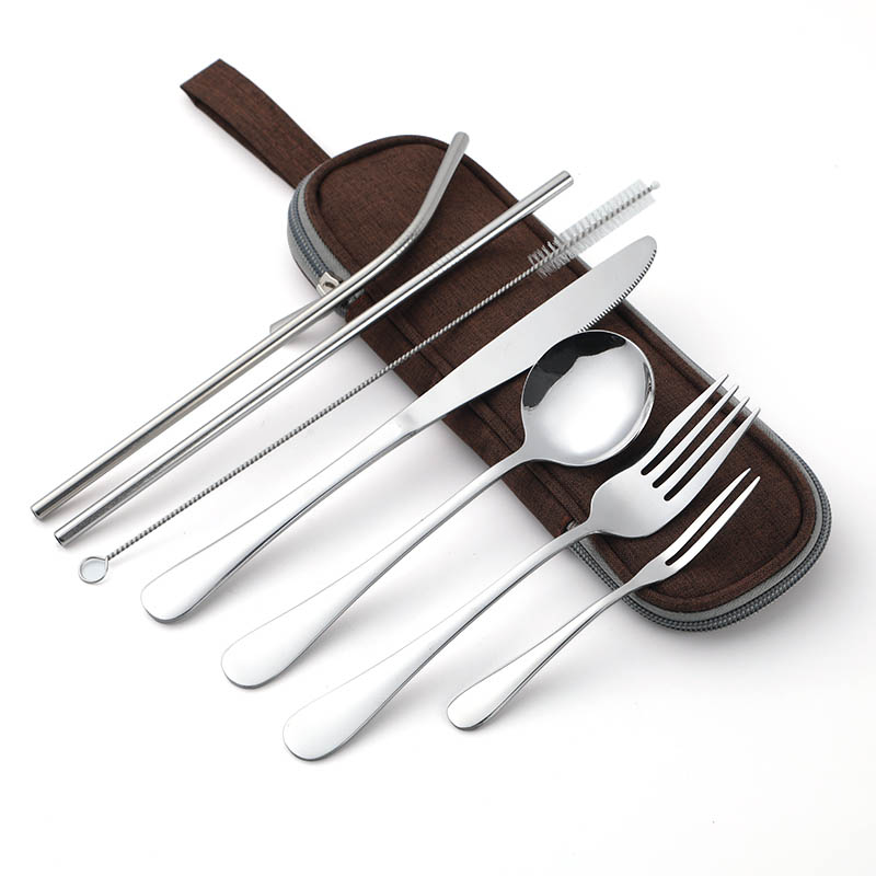 Serviesje Reizen Camping Bestek Set Herbruikbare Zilverwerk met Metalen Stro Lepel Vork Eetstokjes en Draagbare Case: silver C
