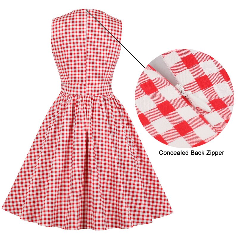 Tonval retro 50s v-ringad gingham röd rockabilly klänning kvinnor slips ficka sida bomull veckad klänning pin up vintage rutiga klänningar