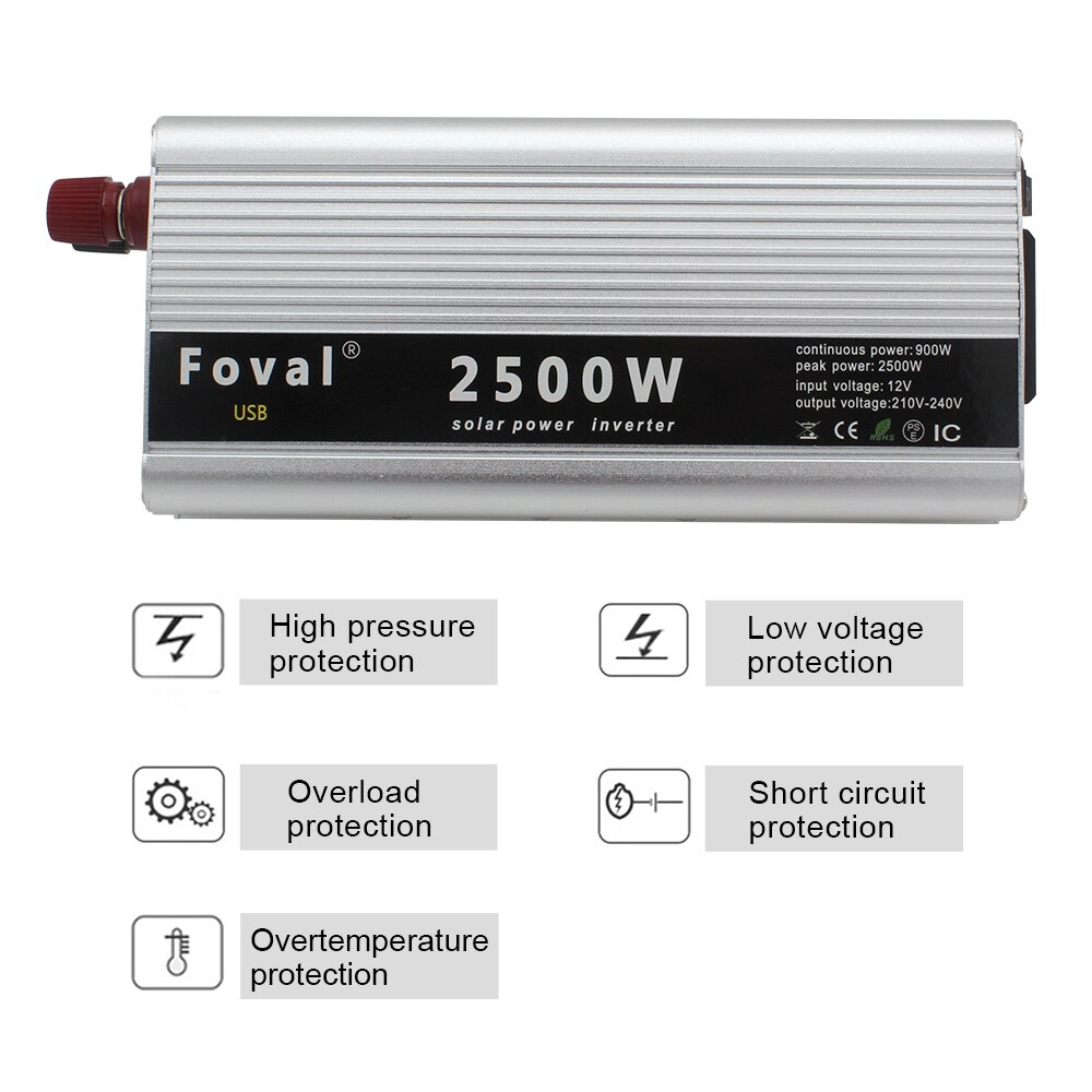 Onduleur de puissance de crête 2500W 12V à 220V pour voiture solaire, onduleur automatique à onde sinusoïdale modifiée, double port usb et prise allume-cigare