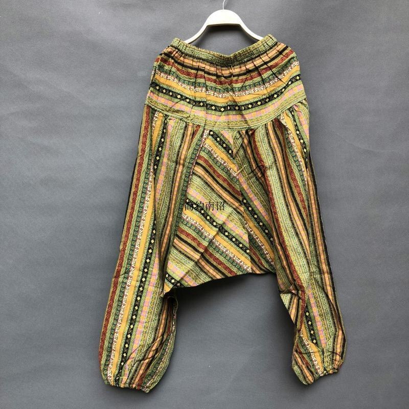 Zomer herenbroek bloomer etnische stijl thaise katoen en linnen dansbroek losse dongba broek nepalese broek met groot kruis: Gele strepen