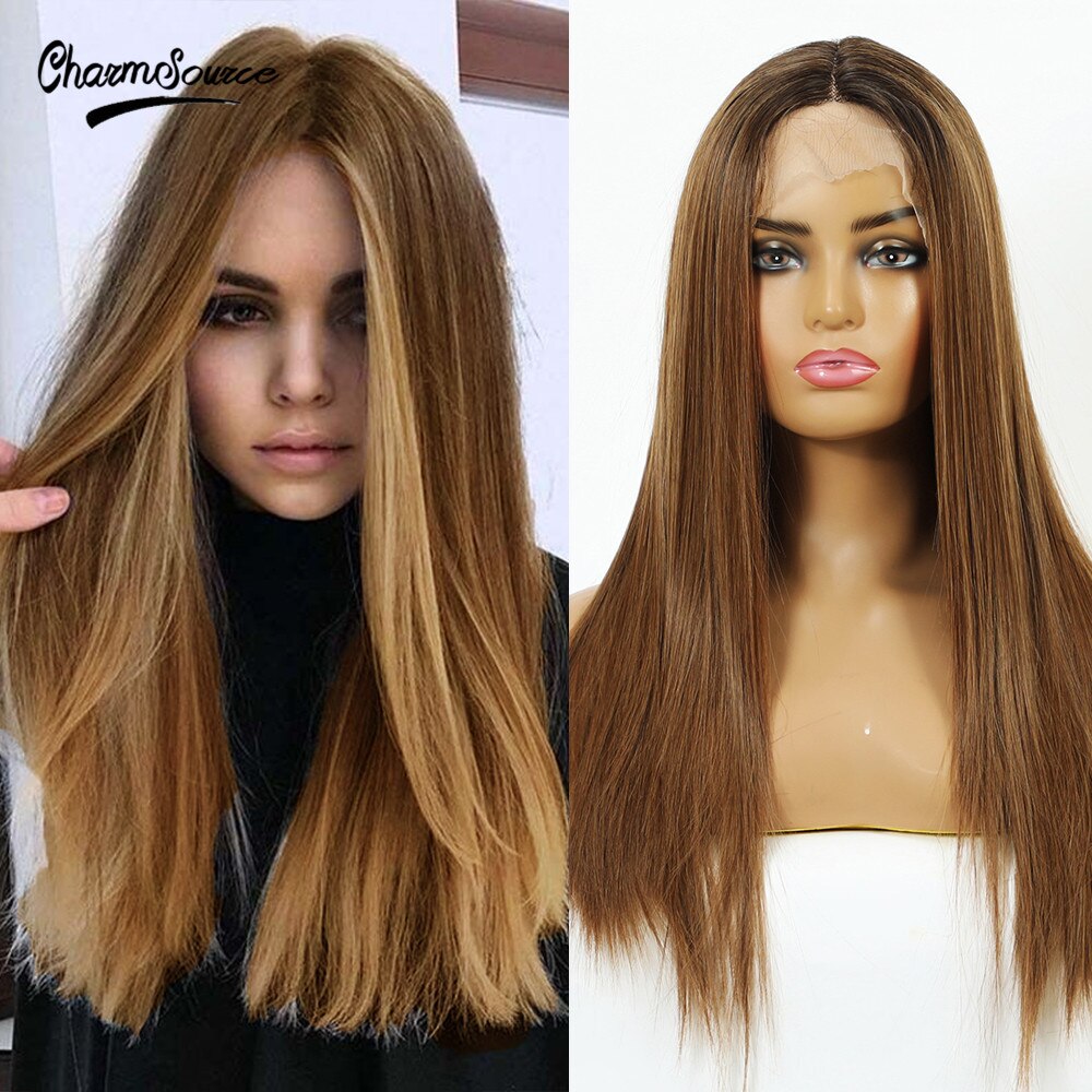 CharmSource Long Brown Root Ombre Blonde Wig Straight Lace Part Synthetic Wigs for Women Daily Hair High Density Heat Resistant: BL66035-1