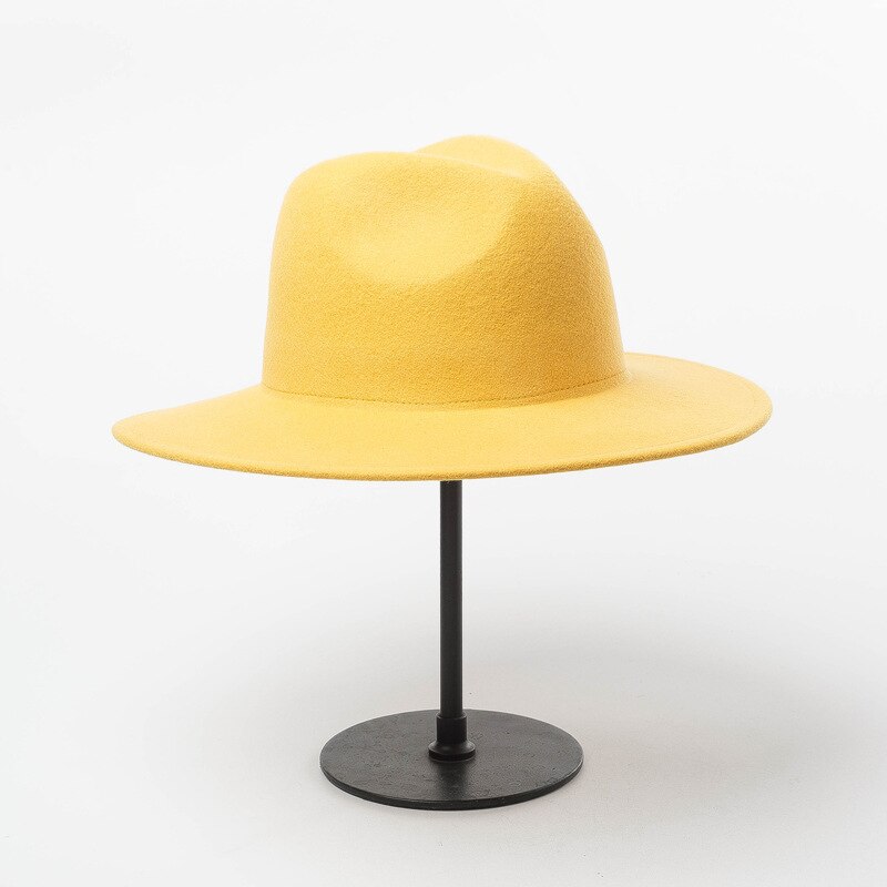 Winter Women Fedora Hat 100% Wool Wide Brim Felt Hats Cap Crushable Pork Pie Hat Female Floppy Church Wedding Bridal Hats: Yellow