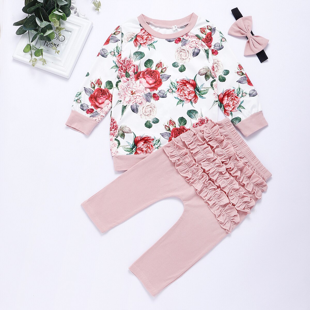 Cotton Newborn Baby Girl Clothes Infant Baby Girls Winter Clothe Outfits Flower Tops+Ruffle Pants Headband 3Pcs Clothing Set