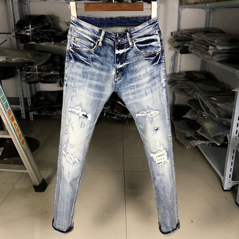 Street Style Mannen Jeans Retro Lichtblauw Elastische Slim Fit Ripped Jeans Mannen Patches Hip Hop Denim Punk broek