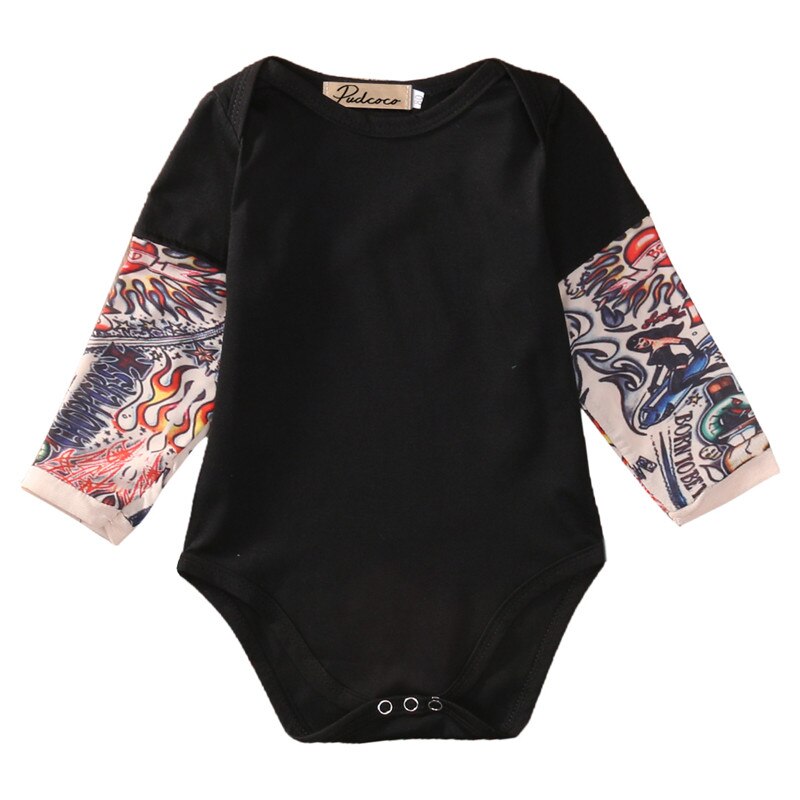 Autumn cotton Newborn Baby Boy Black Gray Bodysuit Clothes Tattoos Print Long Sleeve Bodysuit Jumpsuit Outfits: Black / 6M