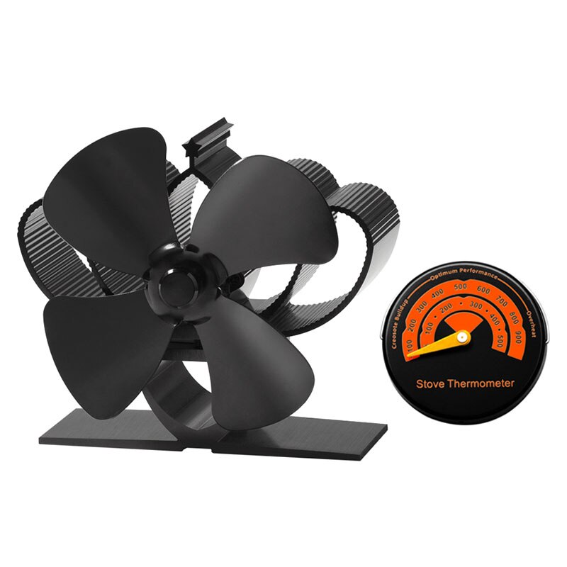 Mini Stove Fan 4 Blade Fireplace Fan Heat komin Powered Wood Burner Eco Fan Home Friendly Quiet Efficient Heat Distribution tool: With Thermometer