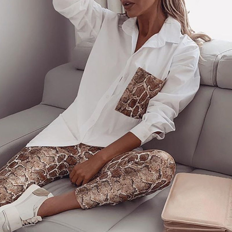 Tweedelige Set Snake Print Vrouwen Shirt Suit Lange Mouwen Pocket Blouse Vrouwelijke Broek Sets Lente Pakken Dunne faux Pu Plastic