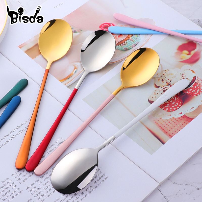 1PCS Korea Spoon Stainless Steel Soup Spoon Long Handle Gold Dessert Spoons Round Dinner Spoon Set Tableware Set