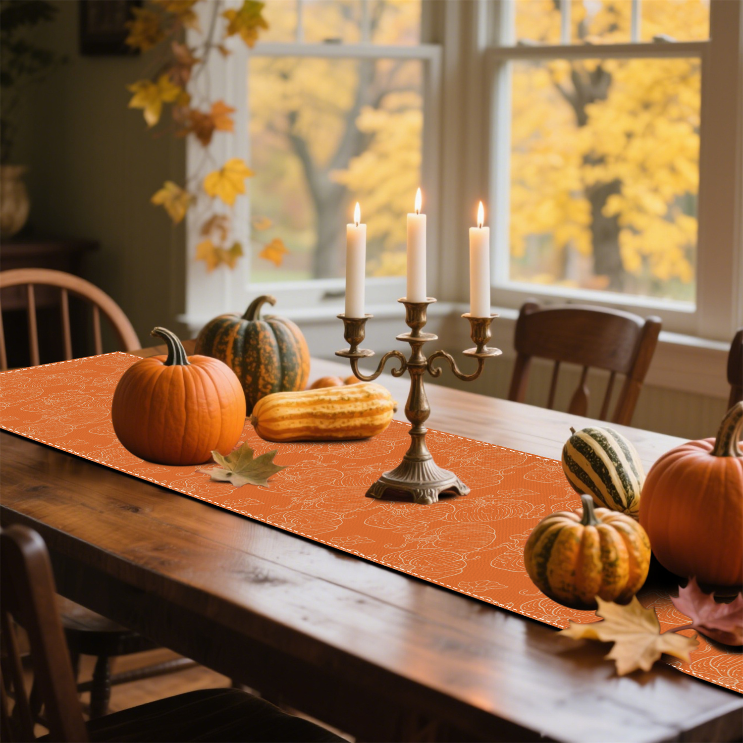 Bordlöpare med 1pc pumpablad, höstdekoration med orange mönster för skördefest i lantlig stil