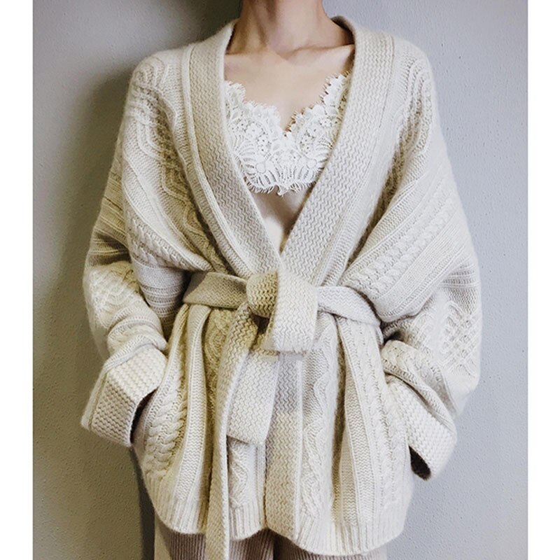Kvinder varm strik cardigan kvindelig afslappet på kryds og tværs bælte skruet ned krave hvid sweater kvinder bomuldsstrik dame: Default Title