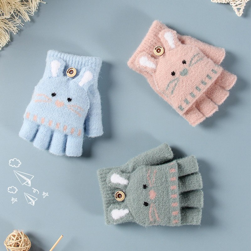Gants doux tricotés avec des animaux de dessin animé pour bébés, pour filles et garçons, à rabat, mitaines chaudes sans doigts pour enfants, automne et hiver