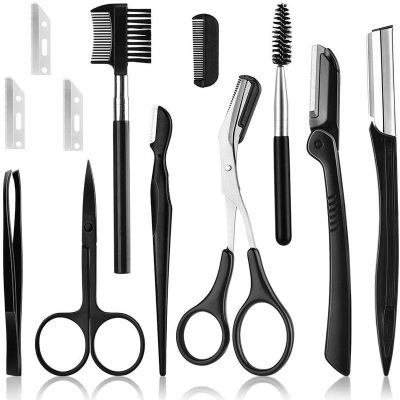 12 Stuks Zwart Wenkbrauw Trimmen Schaar Rvs Pincet Wenkbrauw Schrapen Wenkbrauw Kam Scheermes Wenkbrauw Clip Makeuptool Sets: Default Title