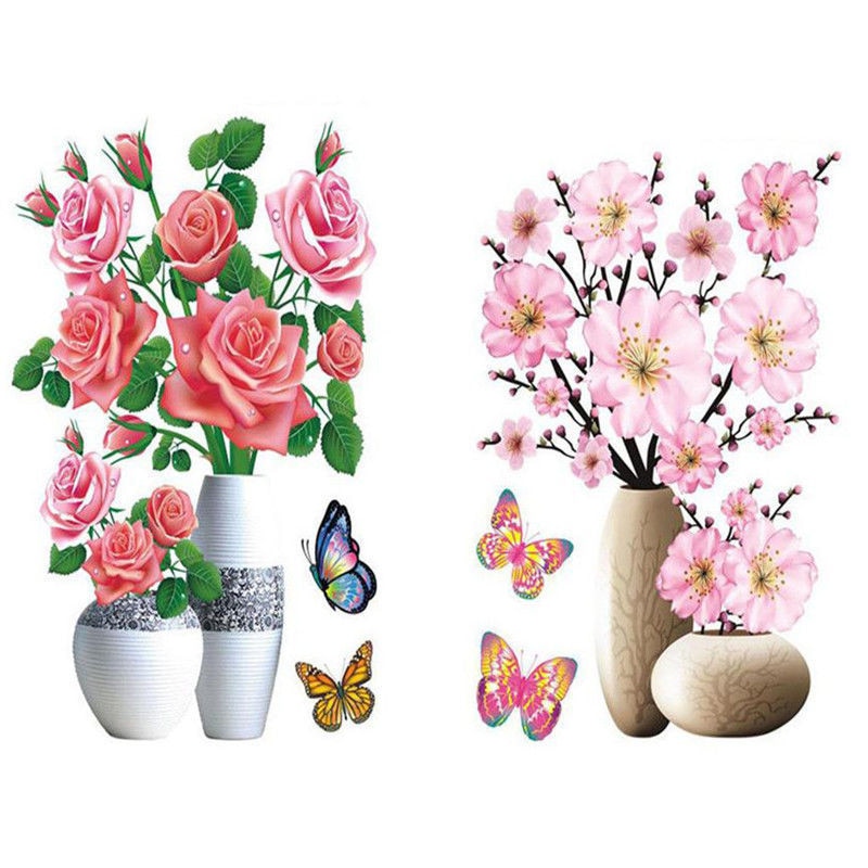 Yiguisi Tiktok 1Pc Waterdichte 3D Rose Bloem Muur Sticker Simulatie Vaas Decoratie Zelfklevende Muursticker