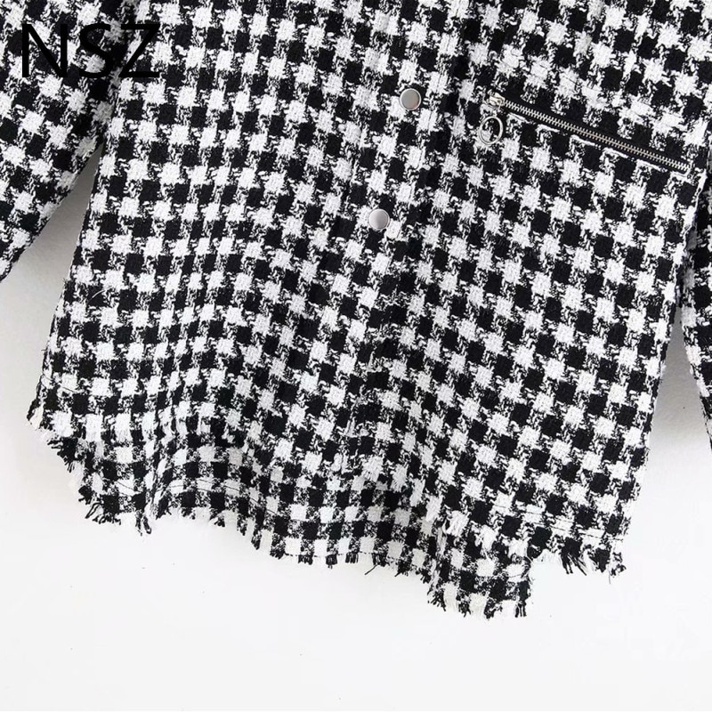 Nsz kvinder sort hvid plaid oversize tweed jakke houndstooth frakke langærmet løs afslappet lang ternet overtøj top