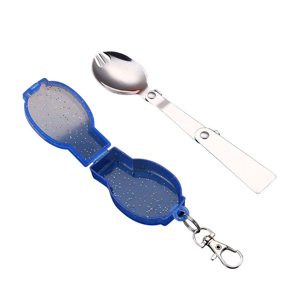 Stainless Steel Folding Pocket Spoon Spork Camping Utensil Portable Outdoor Travel Picnic Tableware Spoon with Storage Box: Blue Fork 
