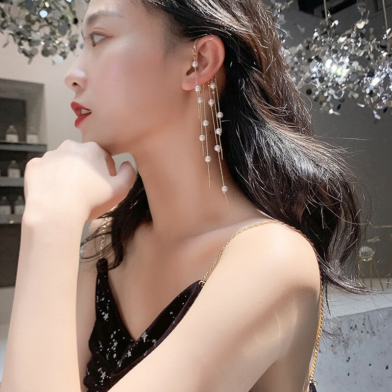 Lifefontier Koreanische modisch Lange Perle Hängen Ohrringe Jacken Böhmischen Ohrringe für Frauen Minimalistischen Ohr Manschette Schmuck