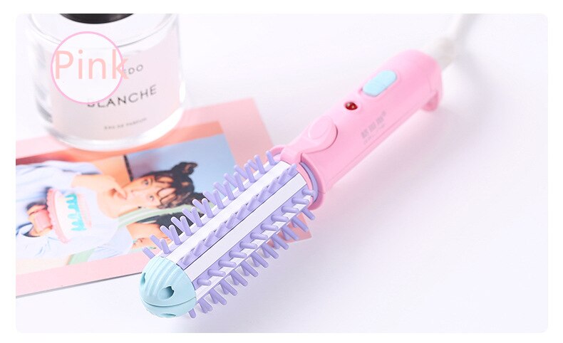 Mini lisseur de cheveux pour voyage, double tension en céramique Tourmaline ionique chaude, brosse à boucler avec sac pour brosse chauffante professionnelle: Pink EU Plug