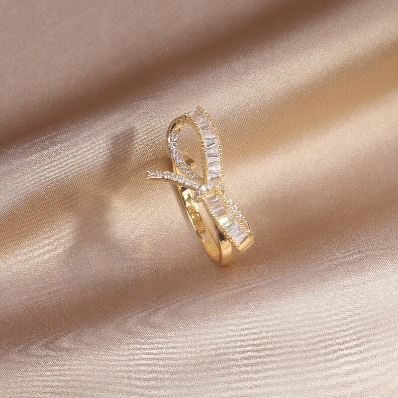 Korea Mode-sieraden 14K Real Gold Plating Aaa Zirkoon Boog Verstelbare Ring Elegante Vrouwen Prom Ring