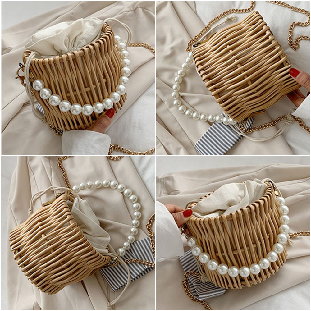 Handgefertigte strohtasche mit strassperlenkette, kleine strohbeutel, damen-reisetaschen und handtaschen