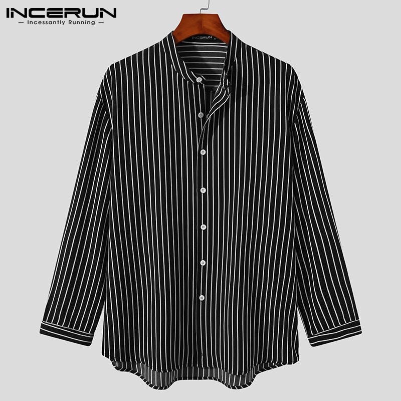 Men Striped Shirt Stand Collar Long Sleeve Casual Camisa Masculina Streetwear Button Loose Leisure Tops S-5XL INCERUN