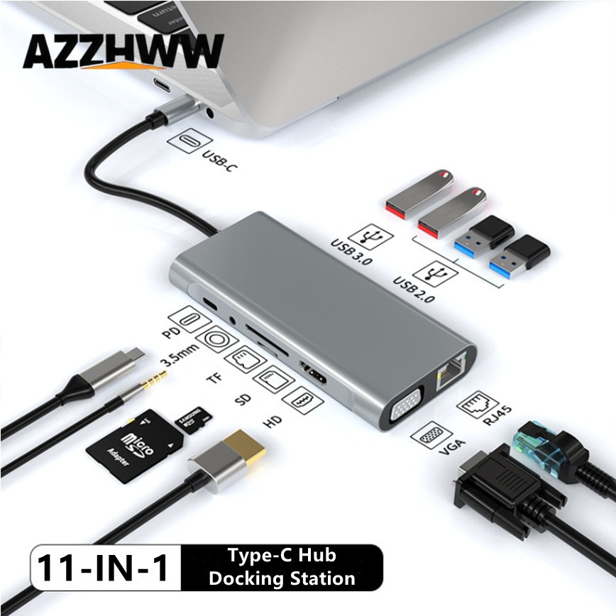 Usb-c-hub 11- -i- -1 type-c-dokkingstasjon med 4k type-c til hdmi-kompatible vga 100 mbps ethernet 100w pd usb 3.0 tf/ sd-kortleser