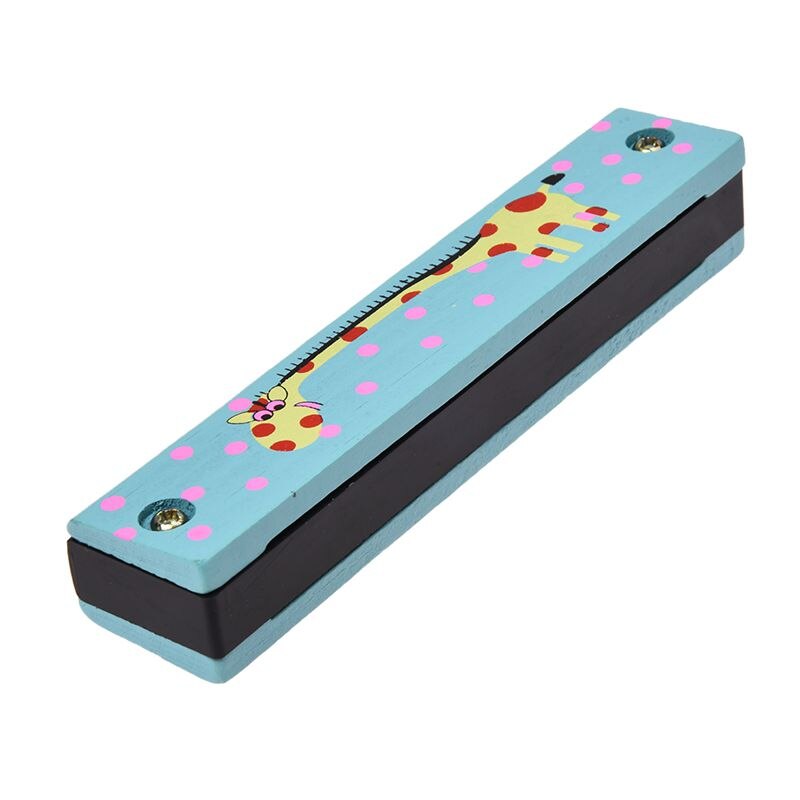 Wooden giraffe pattern dual series 32 hole harmonica child blue