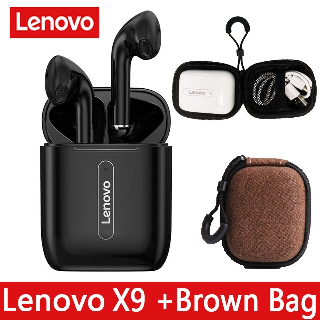 Lenovo X9 True Wireless bluetooth 5.0 Earphone Touch Control Dynamic HIFI Stereo Earbuds Handsfree Sport Headset 300mAh: Black ad Brown Bag