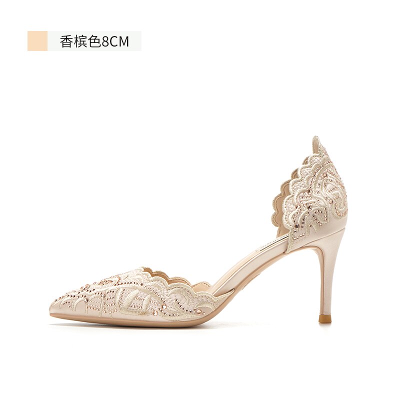 Bryllup sko kvinders brude sko champagne kan normalt bære hule høje hæle tynde hæle krystal bryllup sko: 8cm / 40