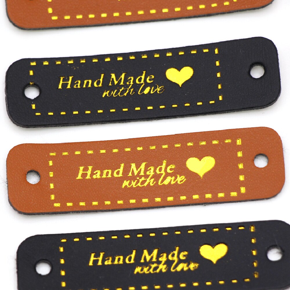 50 st 56 x 15mm etiketter bruna/svarta/vita etiketter handgjorda hjärtmönster läderetikett gjord med kärlek gör det själv kläder sytillbehör