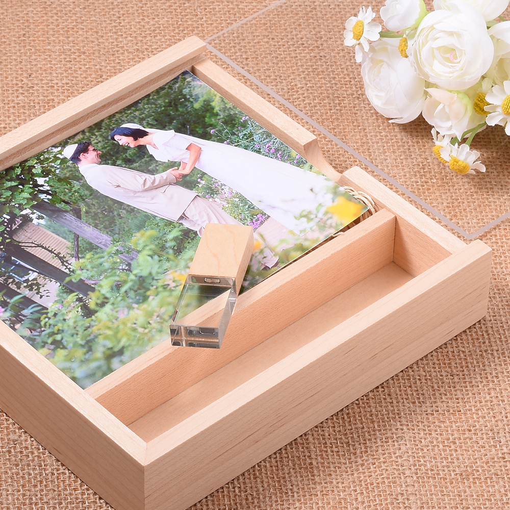 JASTER USB 3.0 Flash Drive Crystal walnut wood box Pen Drive Free custom logo Memory Stick Photography Wedding Pendrive 64G