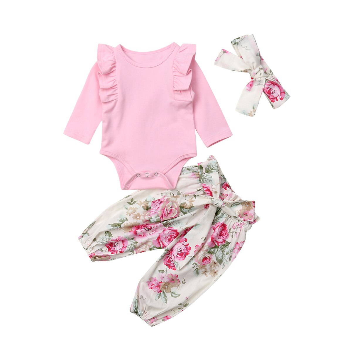 Merke 0-24m spedbarn baby jente gutt blomster høstklær sett volanger lange ermer solide bukser+bukser+hodebånd: Rosa / 18m